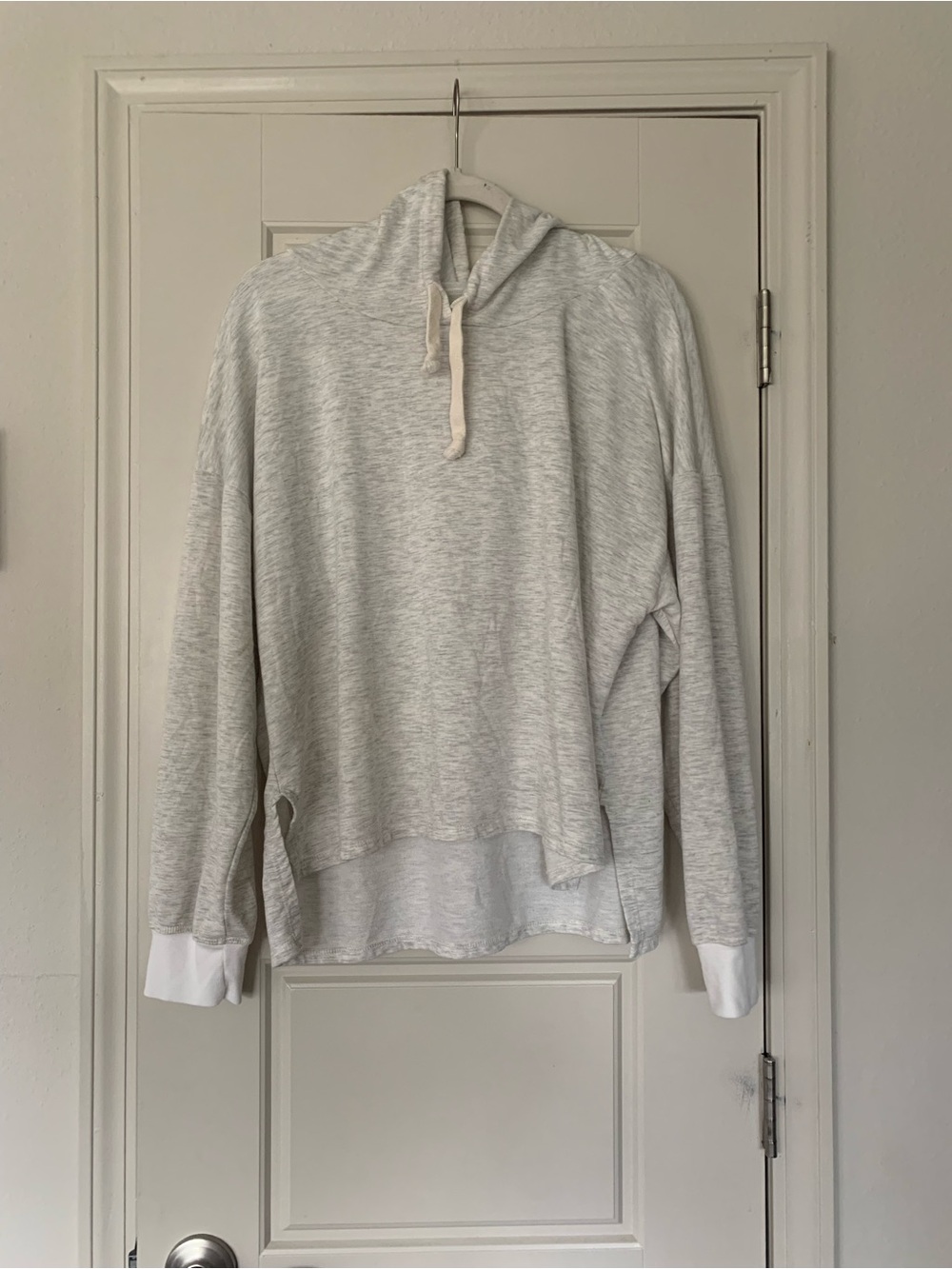 Sustainable Light Gray Womens Thin Hooded Pullover Sweater with White Cuffs